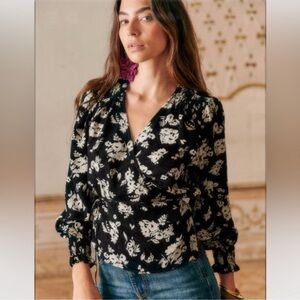Sezane DAFNÉ BLOUSE in Floral Black and White Wrap Top